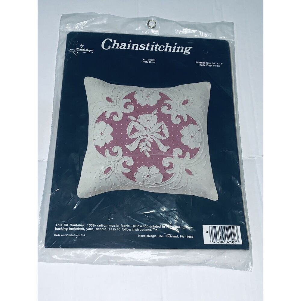 14" Pillow Kit Needle Magic Dusty Rose Chainstitching 2102K Complete Yarn NOS